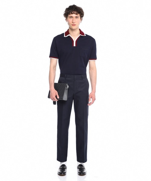 Contrast-Trim Johnny Collar Polo | Navy Blue