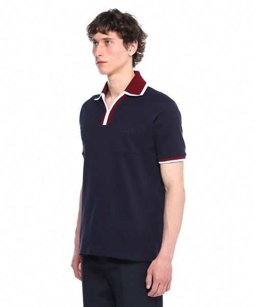 Contrast-Trim Johnny Collar Polo | Navy Blue