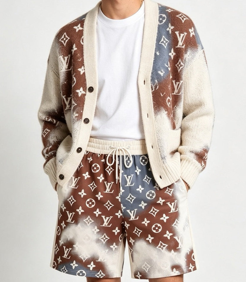 Halftone Monogram Track Shorts | Cream & Brown