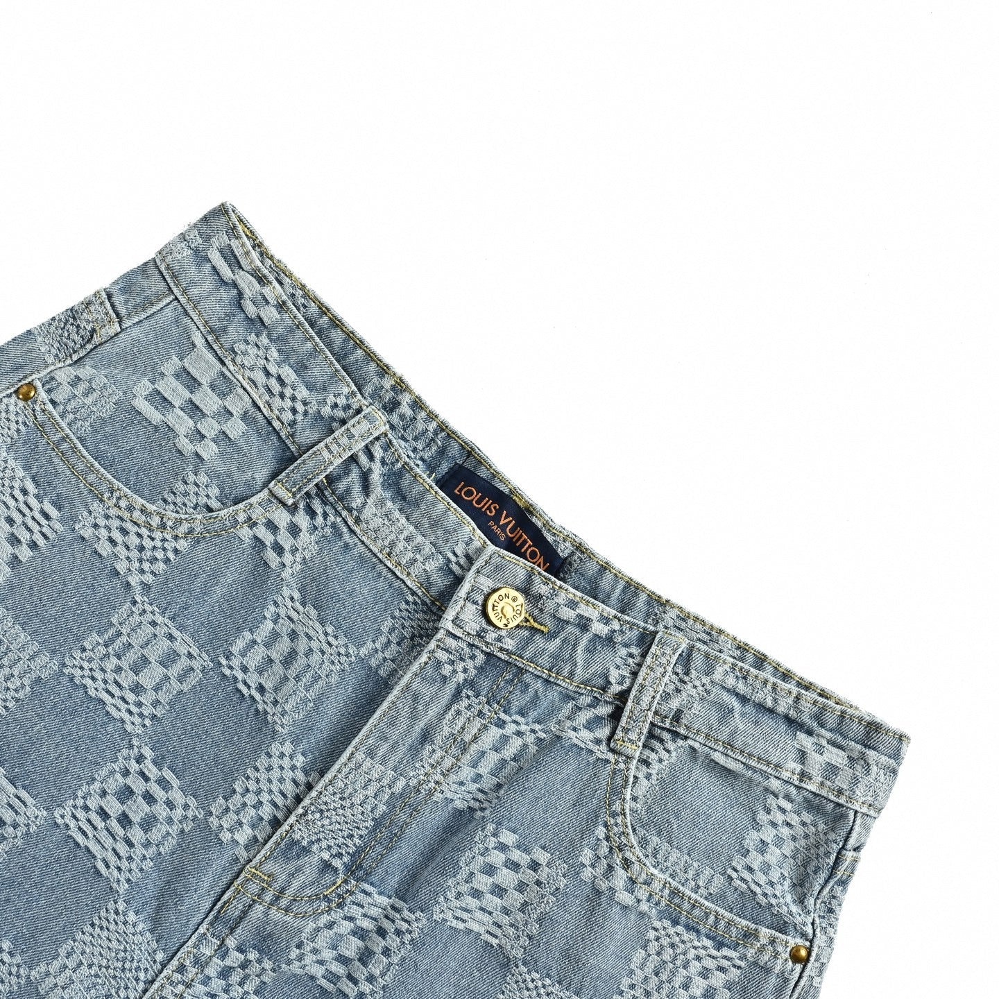 Textured Damier Denim Shorts | Light Blue
