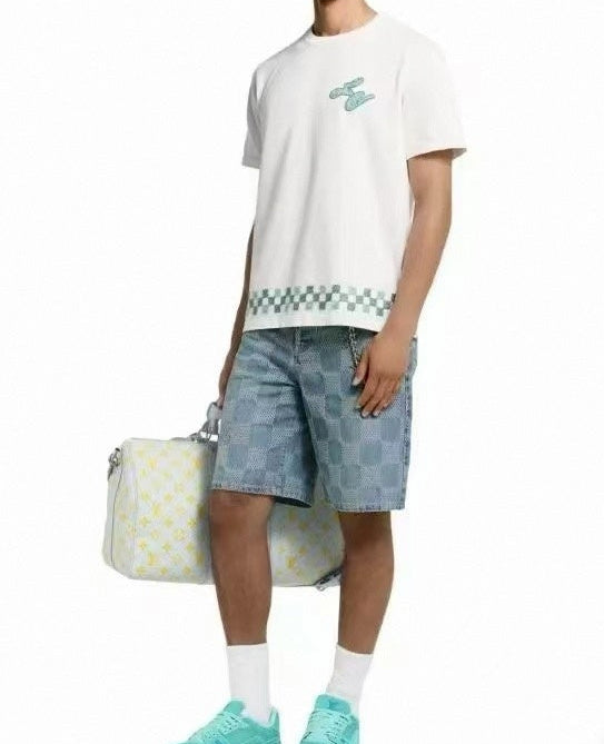 Damier Stitch Denim Shorts | Blue