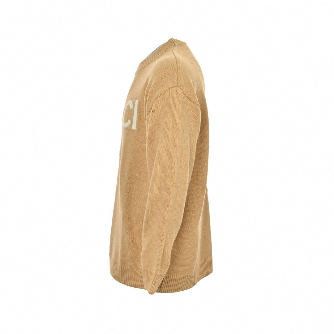 Intarsia Logo Pointelle Wool Sweater | Beige