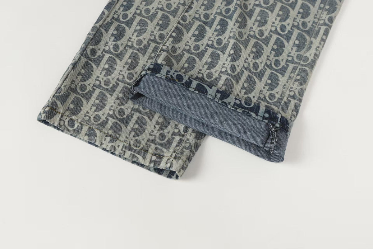 Oblique All-Over Print Faded Denim Jeans | Blue