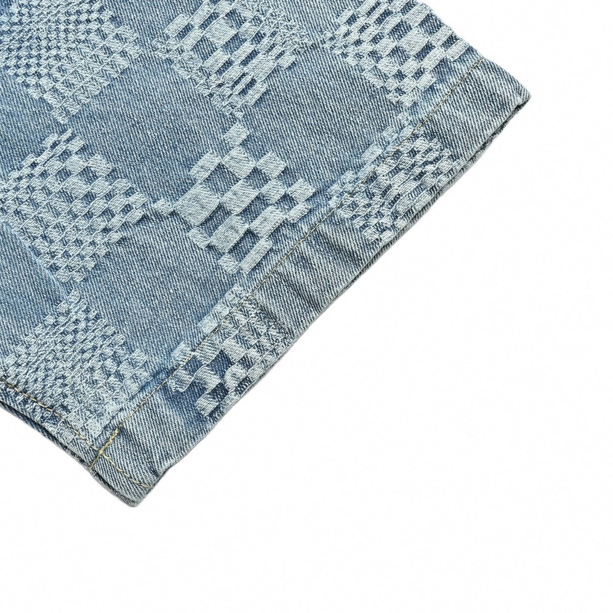 Textured Damier Denim Short-Sleeve Shirt | Light Blue