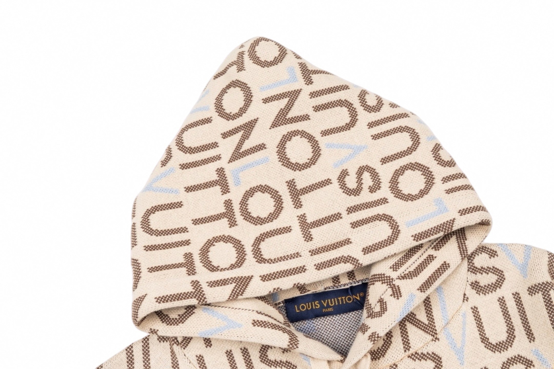 All-Over Logo Knit Hoodie | Cream & Brown