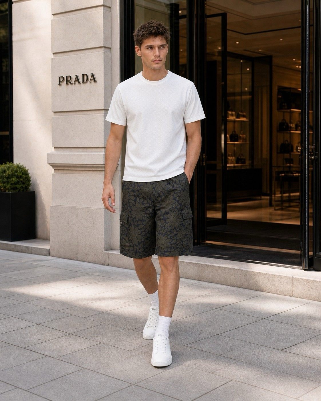 Floral Print Nylon Cargo Shorts | Olive Green