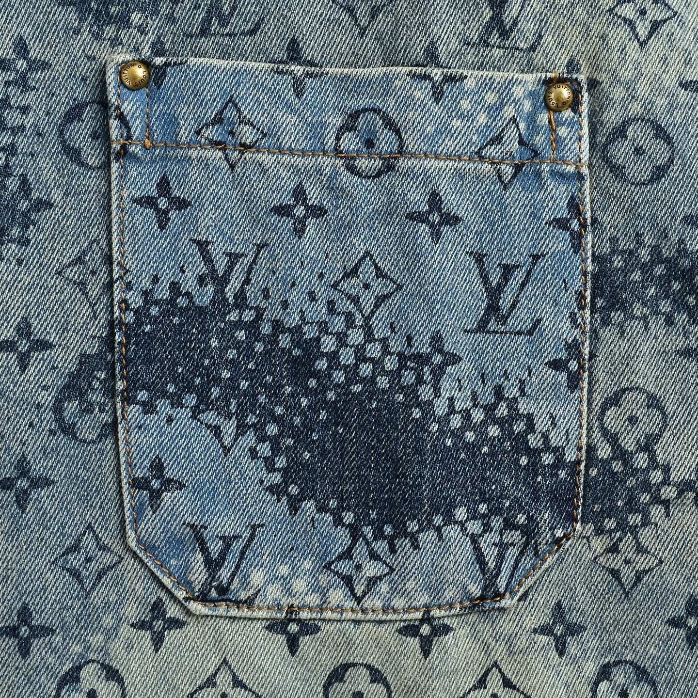 Monogram Halftone Denim Short-Sleeve Shirt - Blue