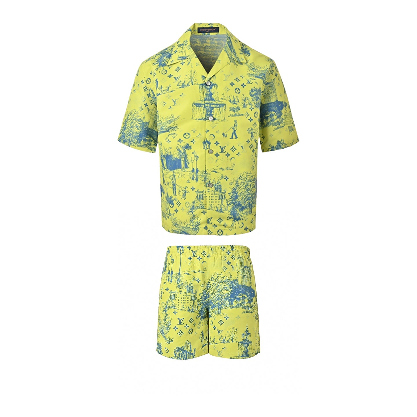 Monogram Cityscape Print Shirt & Shorts Set | Yellow & Blue