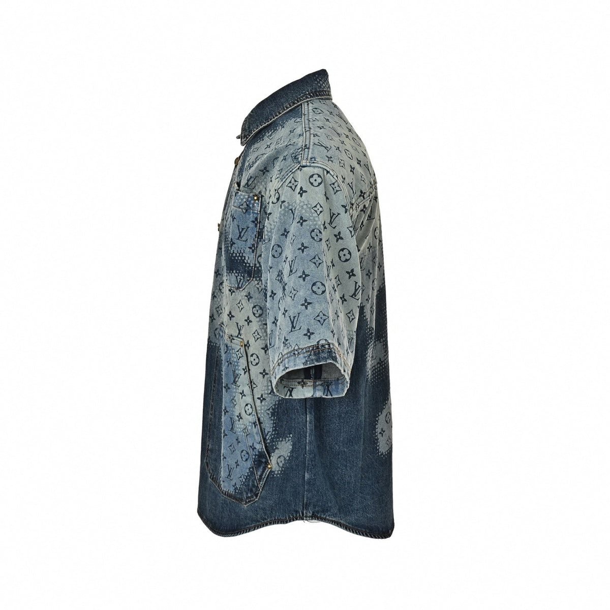 Monogram Halftone Denim Short-Sleeve Shirt - Blue
