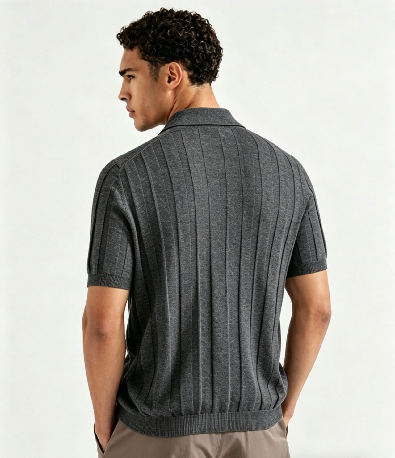 Ribbed Knit Button-Through Polo | Dark Grey