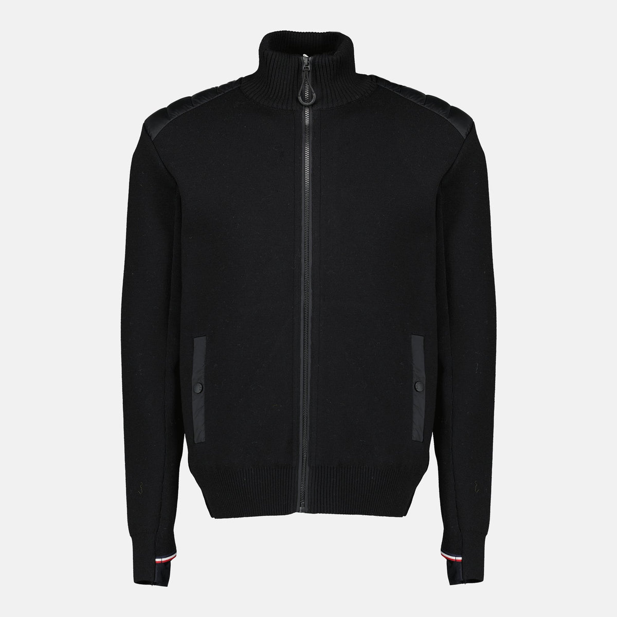 Black Quilted Zip-Up Cardigan in Wool