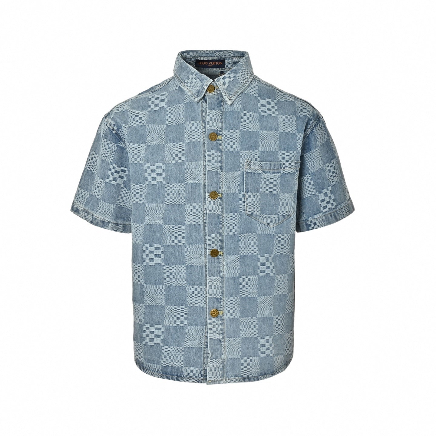 Textured Damier Denim Short-Sleeve Shirt | Light Blue