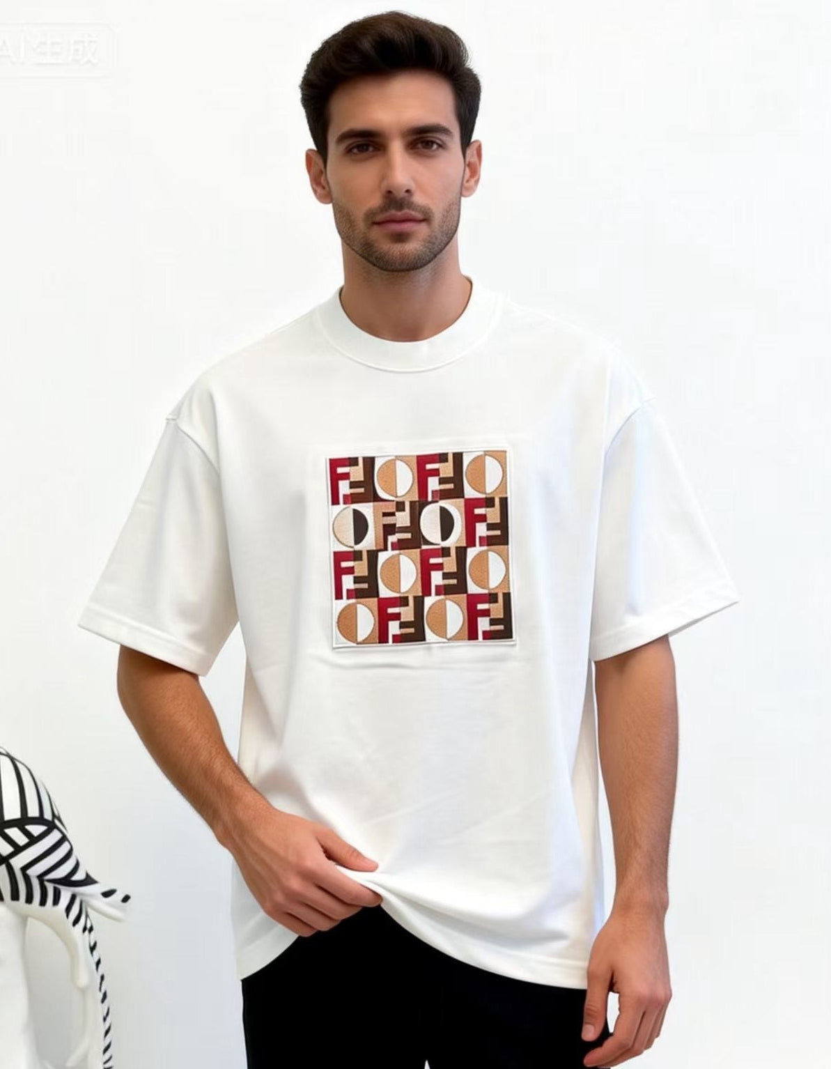 Geometric Embroidered Patch T-Shirt | White