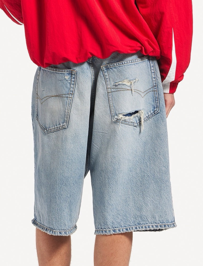 Oversized Distressed Denim Shorts | Light Blue Wash