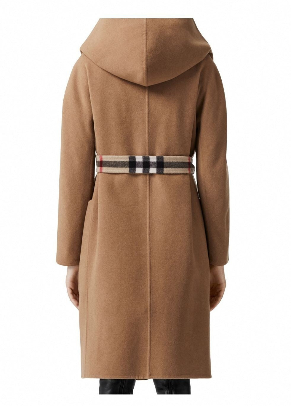 Check-Lined Hooded Wrap Coat - Camel