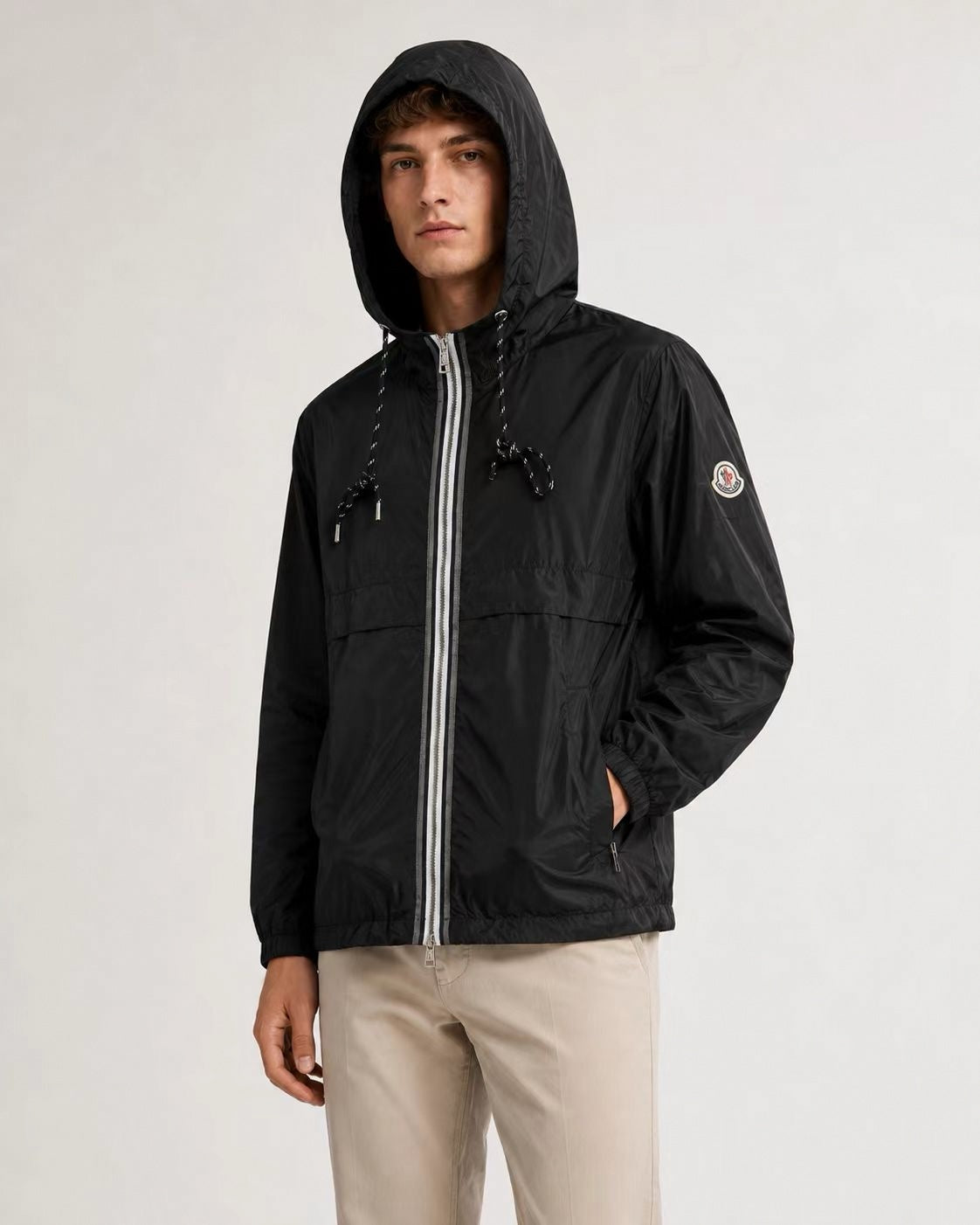 Striped-Trim Hooded Windbreaker - Black