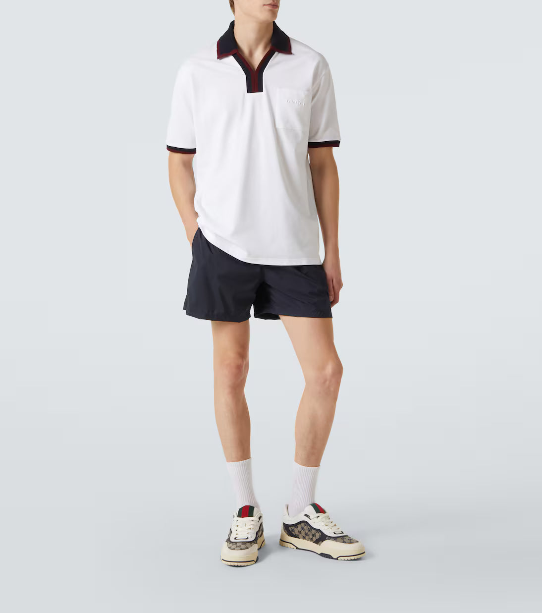 Contrast-Trim Johnny Collar Polo | White