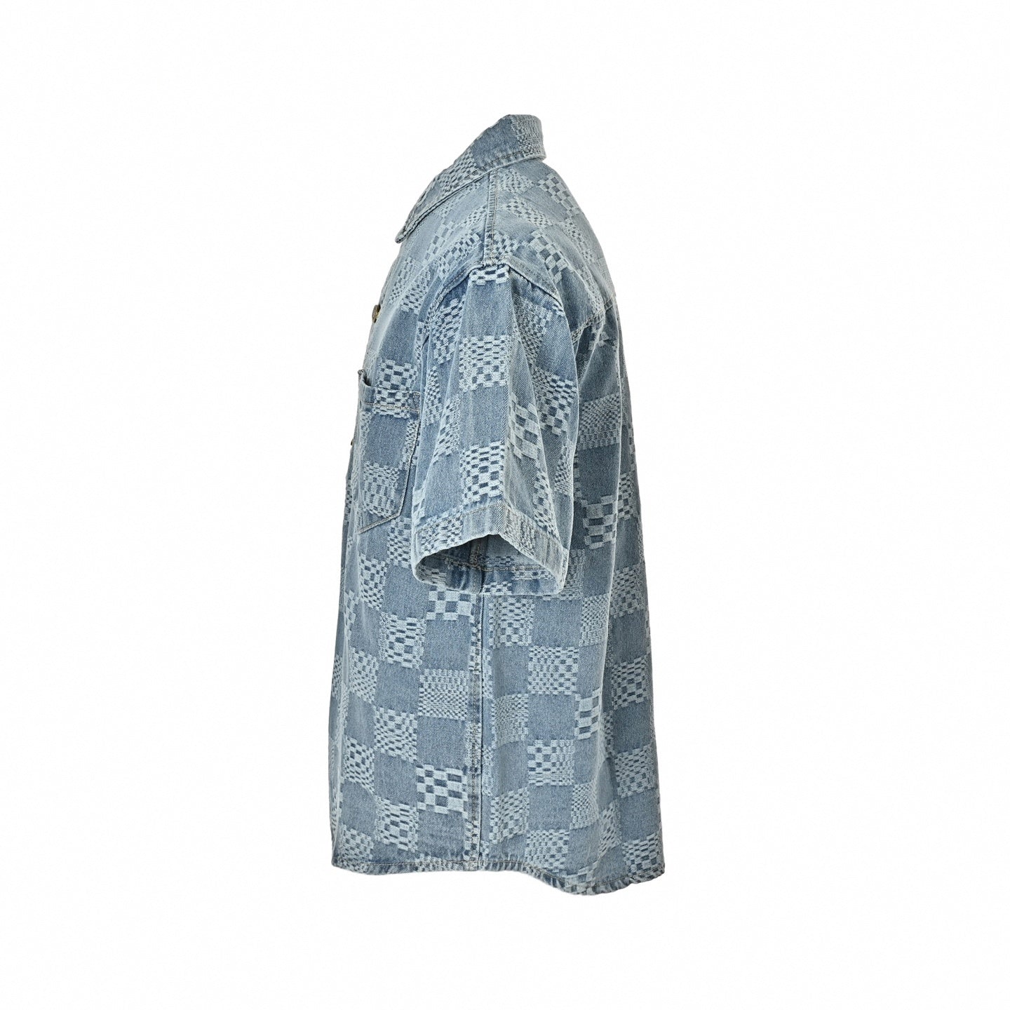 Textured Damier Denim Short-Sleeve Shirt | Light Blue