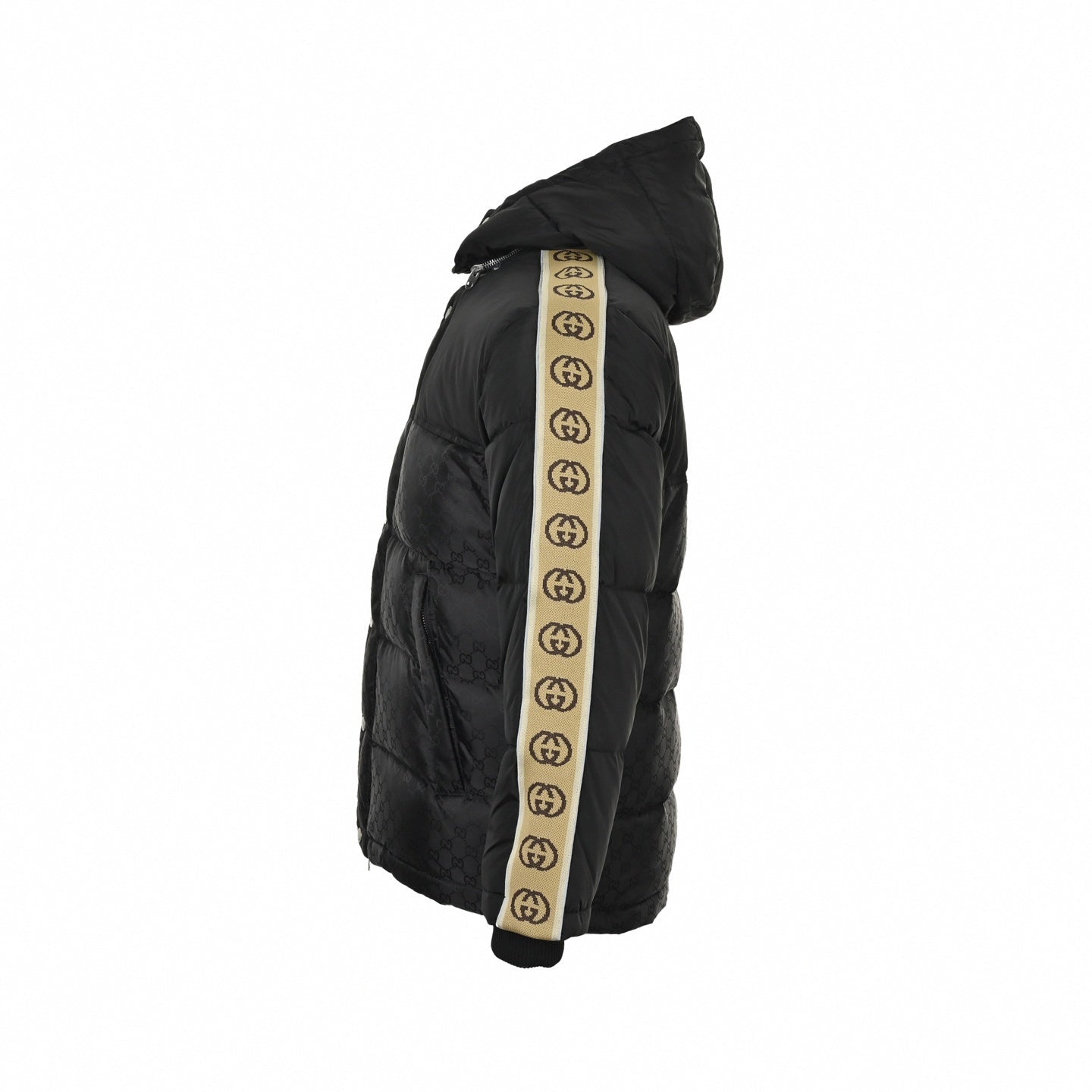 GG Jacquard Nylon Puffer Jacket with Sleeve Tape | Black