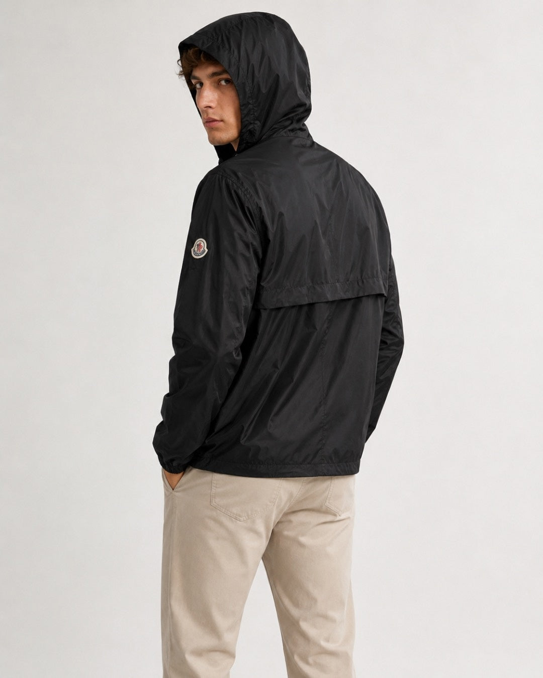 Striped-Trim Hooded Windbreaker - Black
