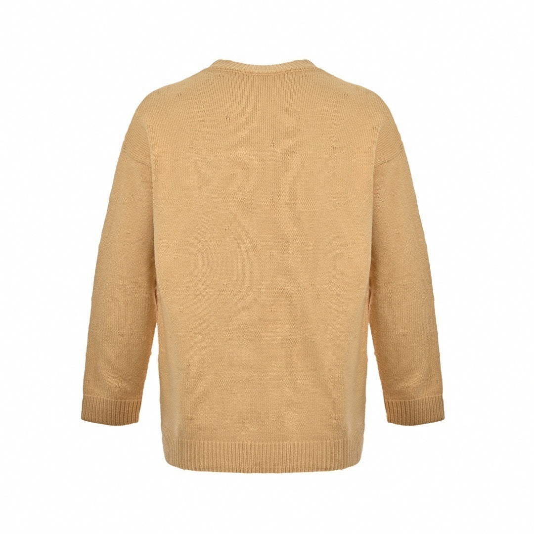 Intarsia Logo Pointelle Wool Sweater | Beige