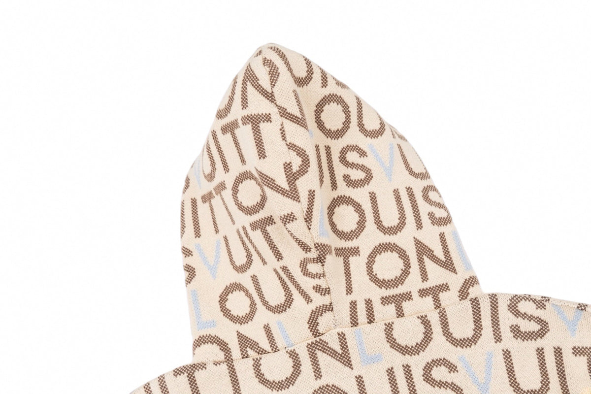 All-Over Logo Knit Hoodie | Cream & Brown