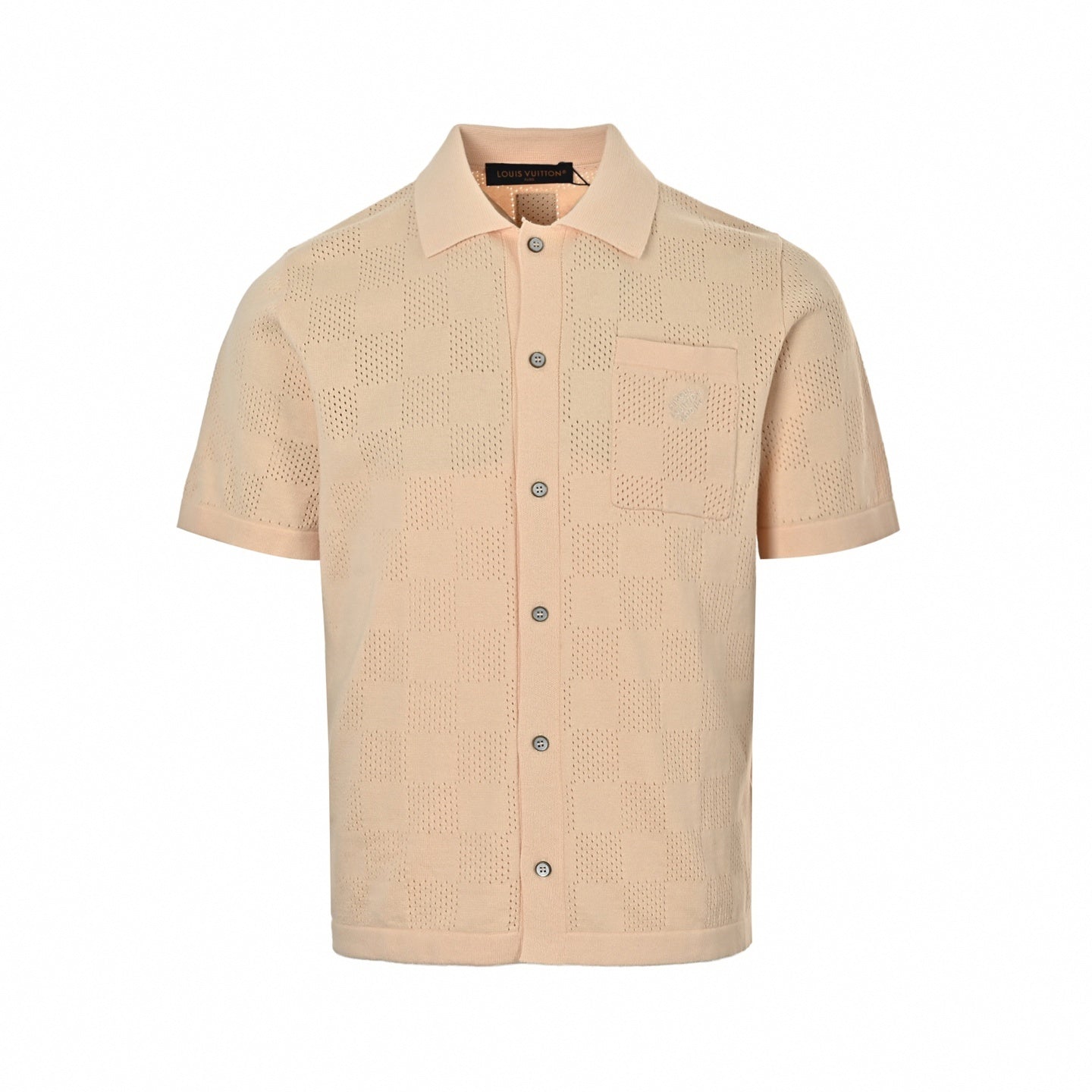 Perforated Damier Knit Button-Down Polo - Peach
