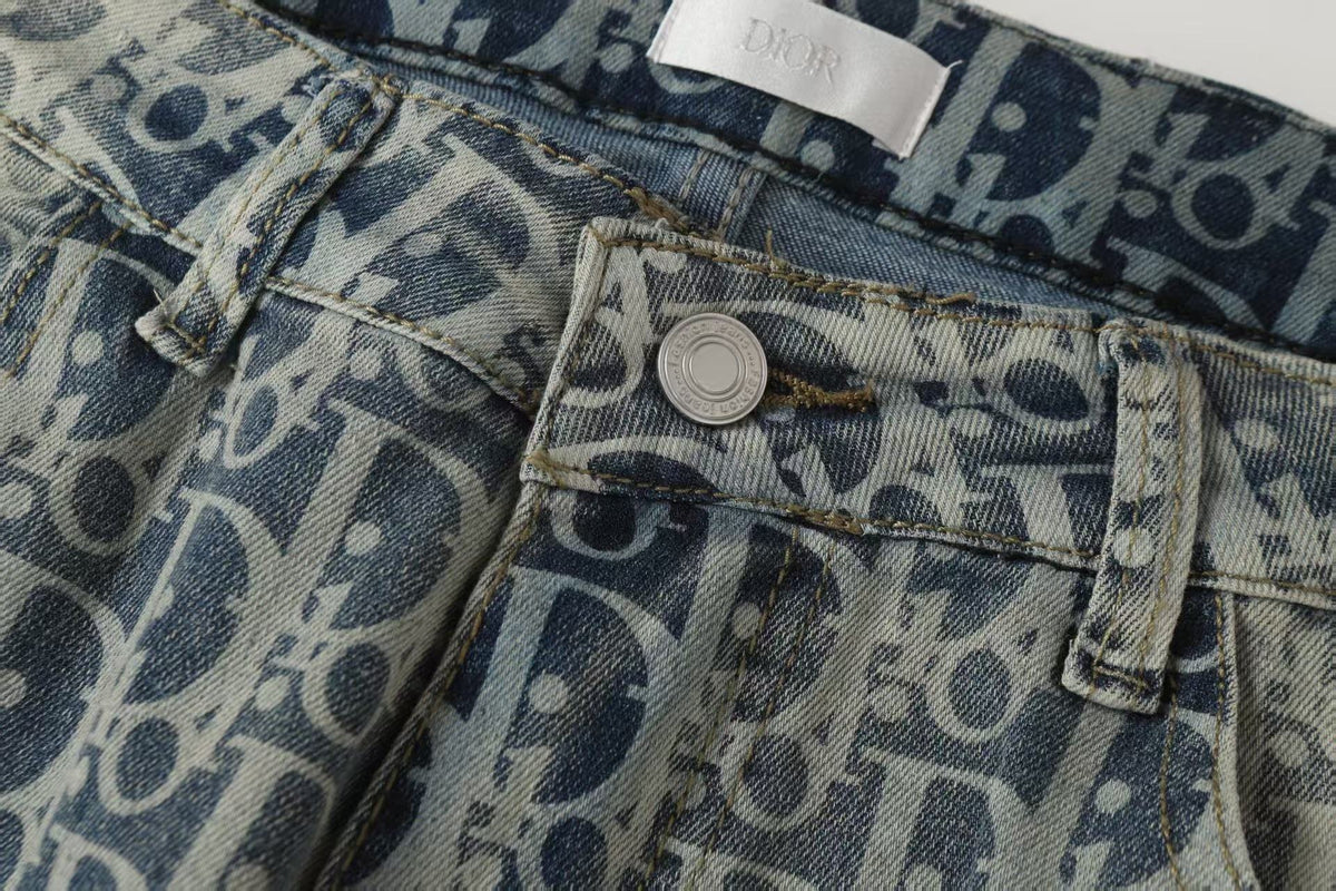 Oblique All-Over Print Faded Denim Jeans | Blue