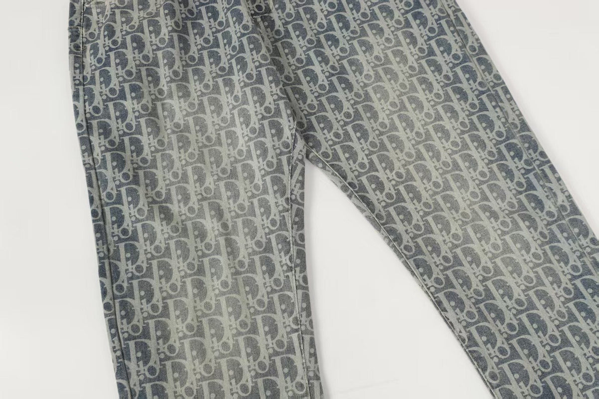 Oblique All-Over Print Faded Denim Jeans | Blue