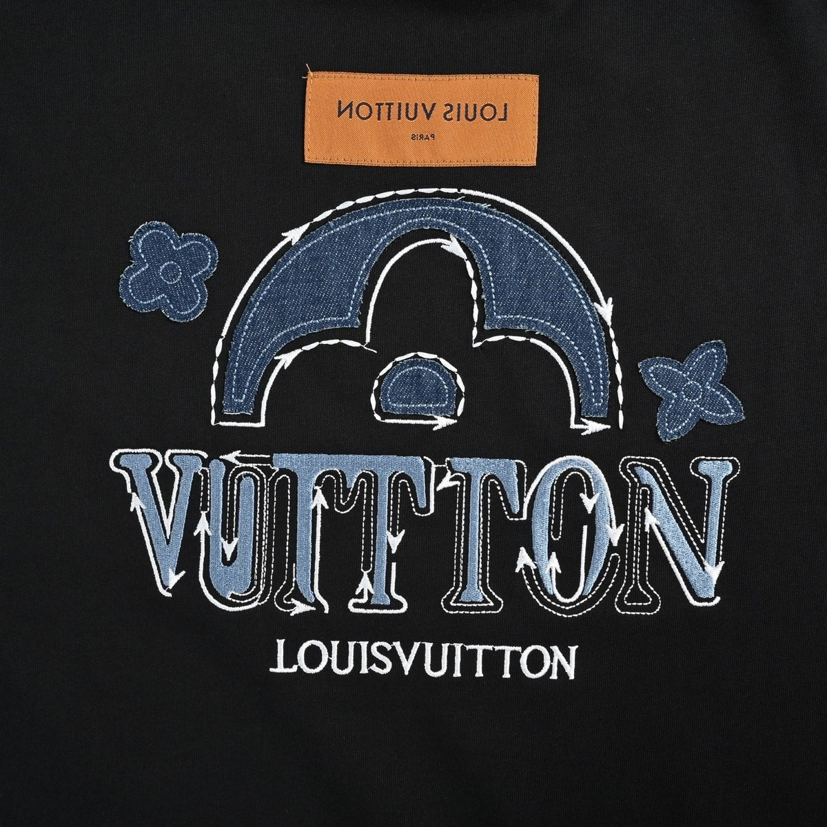 Denim Appliqué Pattern T-Shirt - Black
