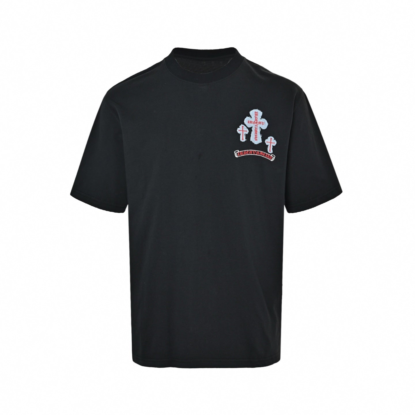 Gothic Cross Denim Patch T-Shirt - Black