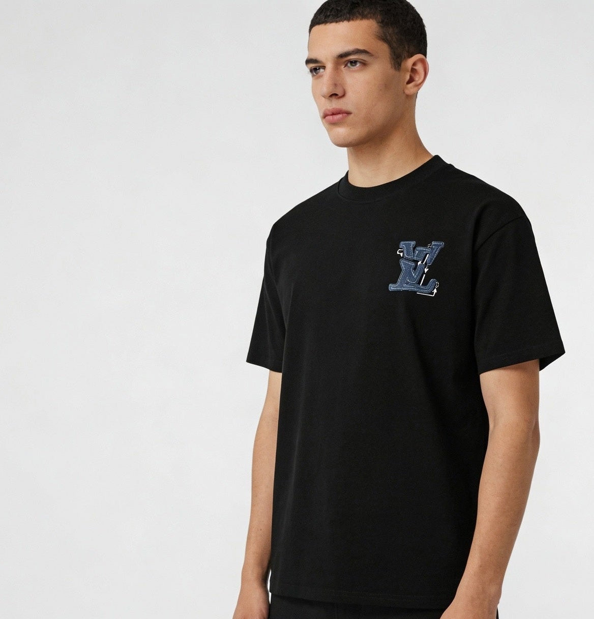 Denim Appliqué Pattern T-Shirt - Black