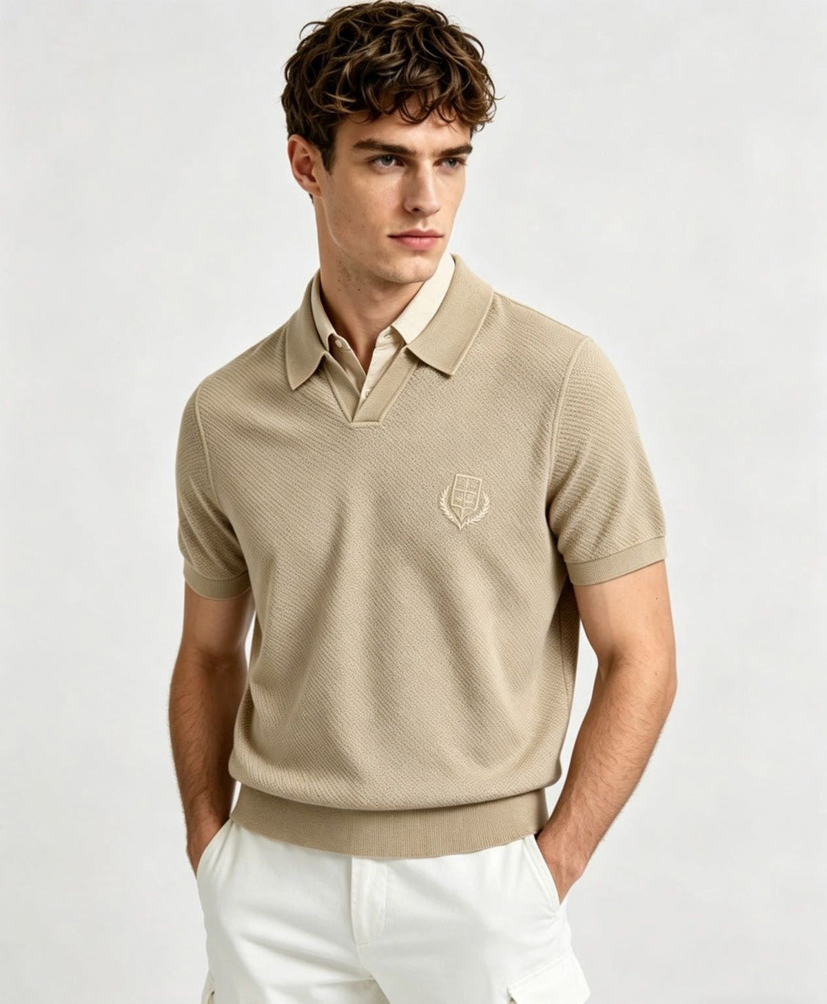 Textured Knit V-Neck Polo | Beige