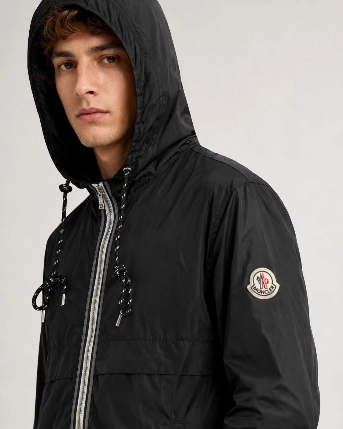 Striped-Trim Hooded Windbreaker - Black