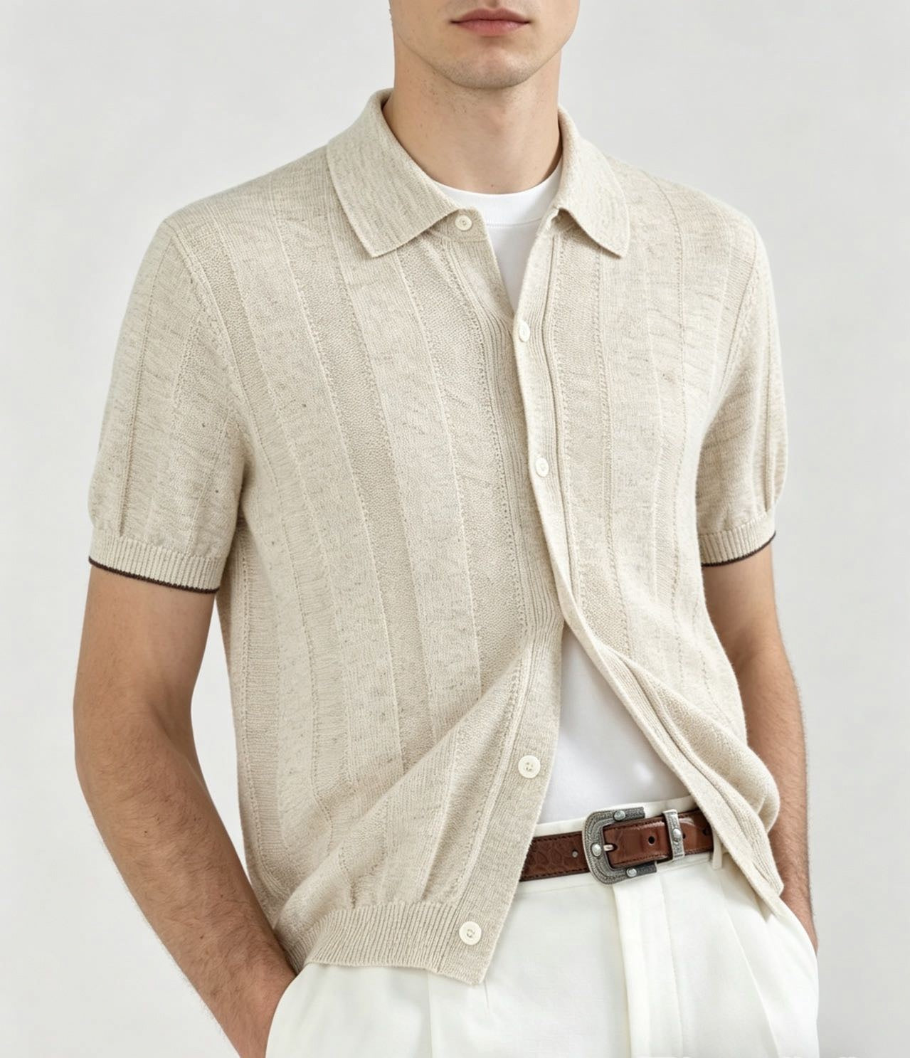 Ribbed Knit Button-Through Polo | Light Beige