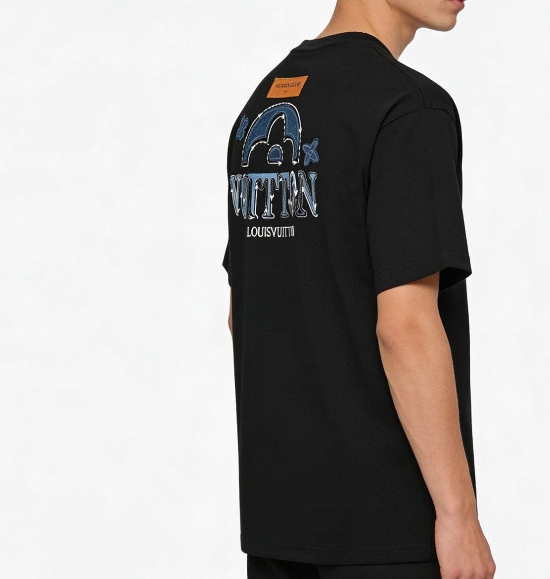 Denim Appliqué Pattern T-Shirt - Black